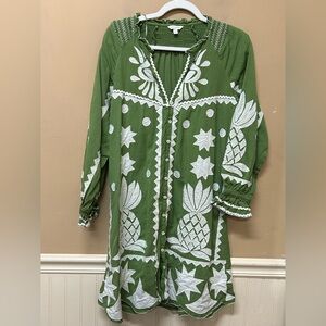 Monsoon Green White Embroidered Pineapple Applique Dress Size Small